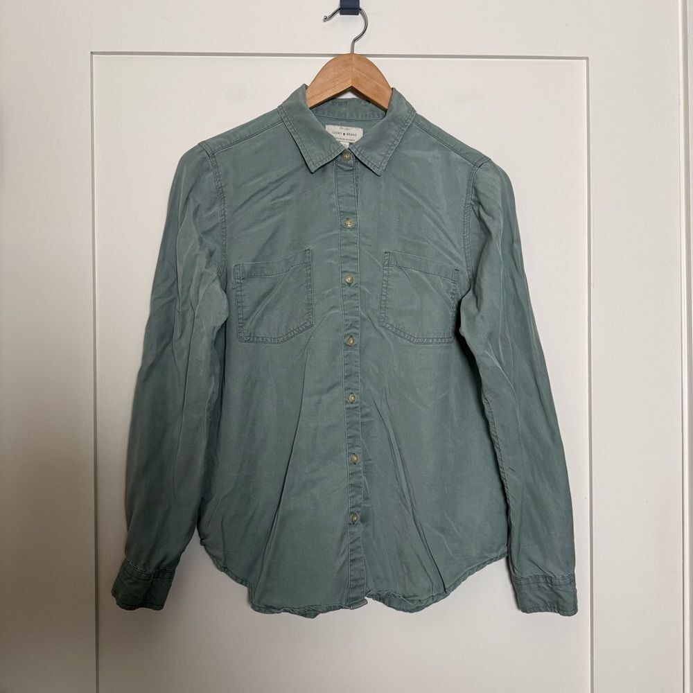 Lucky Brand Shirt Womens Sz S Petite Sage Green Button Up Long Sleeves Lyocell
